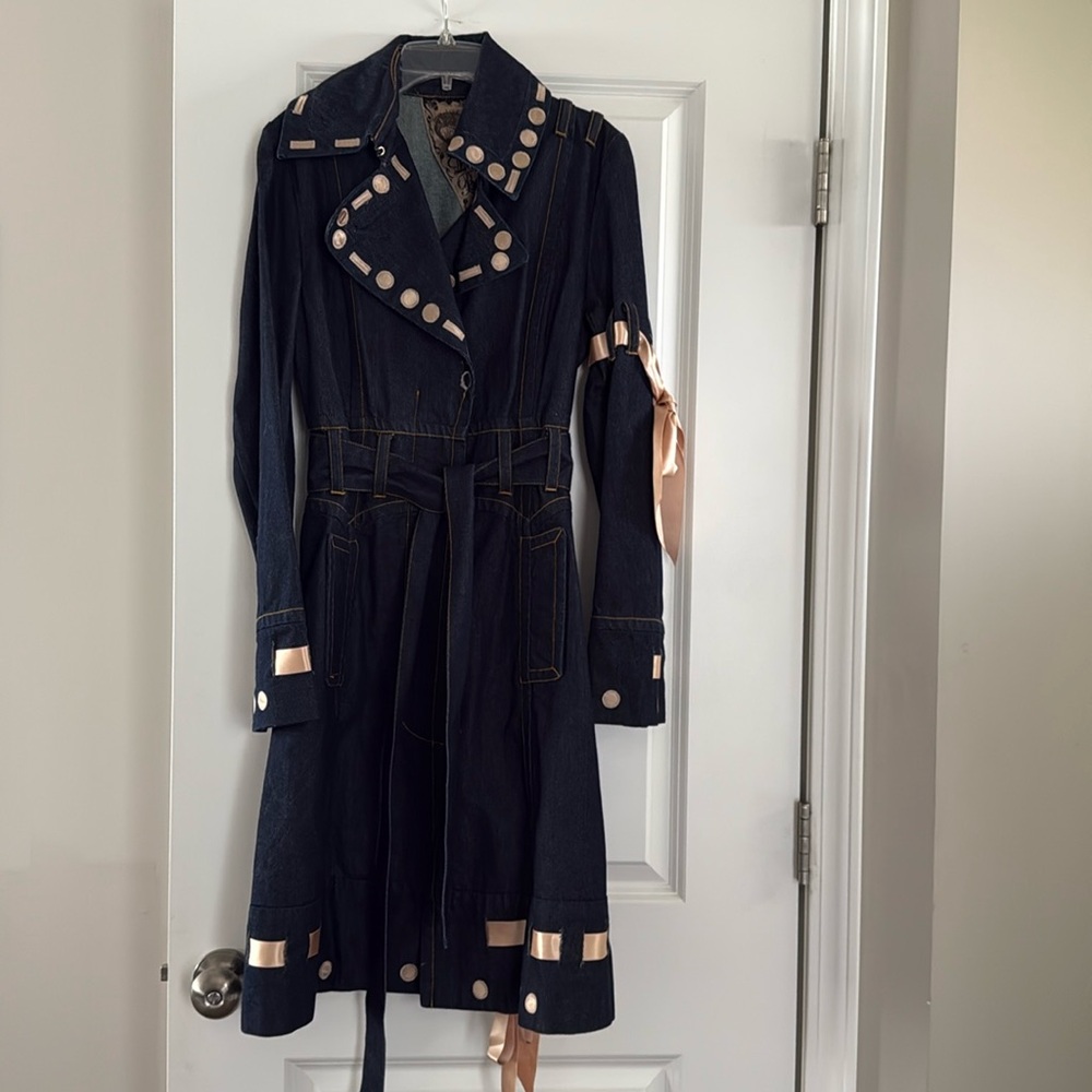 L.A.M.B. Gwen Stefani Stylish Denim Trench Coat with Gold Accents